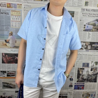 SHIRTFOLDING เสื้อเชิ้ต แขนสั้นคอปก สีฟ้า กระดุมดำ