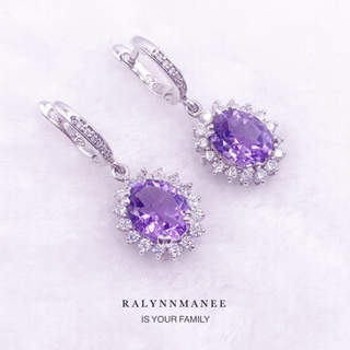 L6411 ต่างหูพลอยอเมทิสต์แท้  ( Amethyst ) แบบอิงลิชล็อค ตัวเรือนเงินแท้ 925 ชุบทองคำขาว