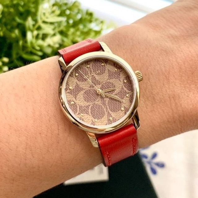 (ผ่อน0%) นาฬิกา 🌷Coach 🌷Small Ladies Gold Tone Red Leather Watch 🌷สายหนังสีแดง หน้าปัด C น้ำตาลอ่อน 