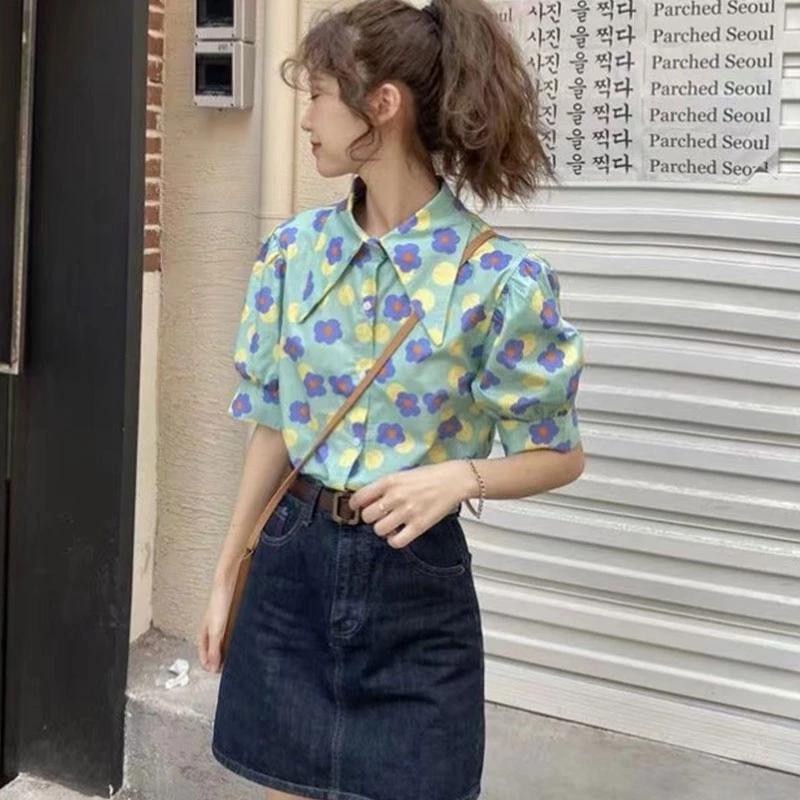 เสื้อเชิ้ตผู้หญิงพิมพ์ลายดอกไม้ ผ้าฝ้าย แขนสั้น thumbnail 9