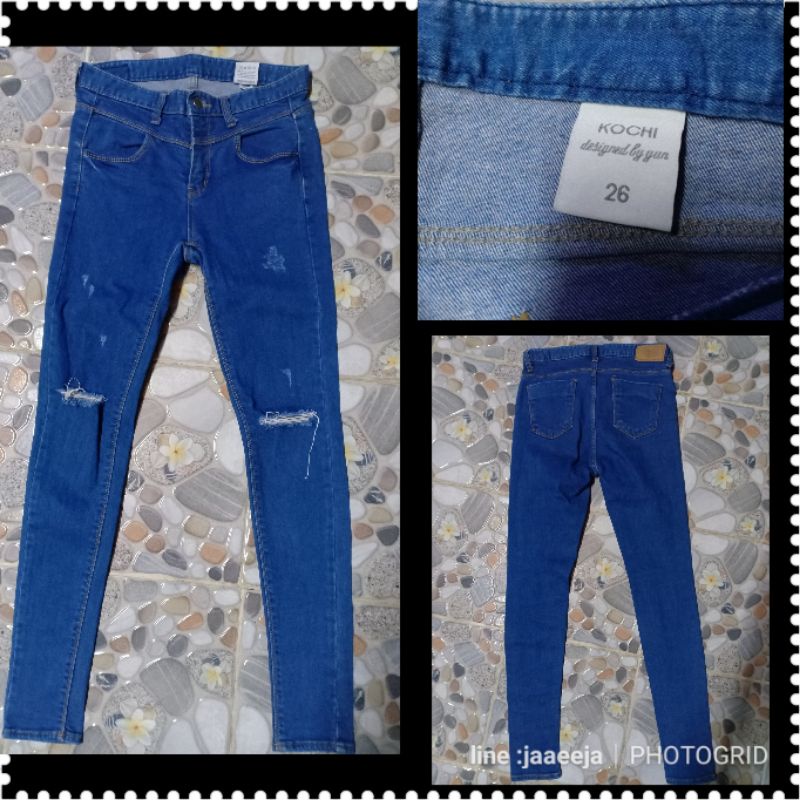 🍒Aก352#กางเกงยีนส์ป้าย Kochiทรงเดฟแต่งขาเดฟสีเฟคเข้มงานจริงสีสวยมากเอวกลางกางเกงรอบเอว26-27: "กางเกง