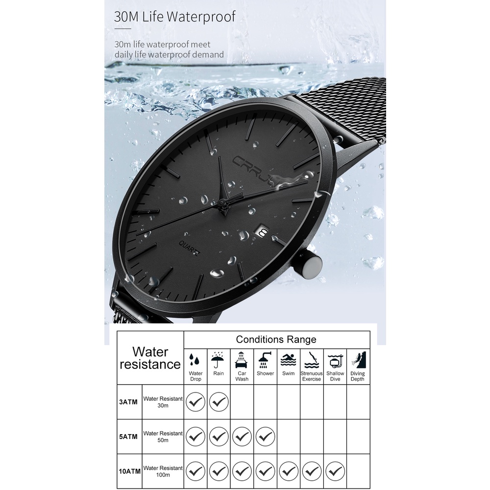 CRRJU Men Watch Black Stainless Steel Mesh Band Calendar Display Sports Waterproof Quartz Watch 2172