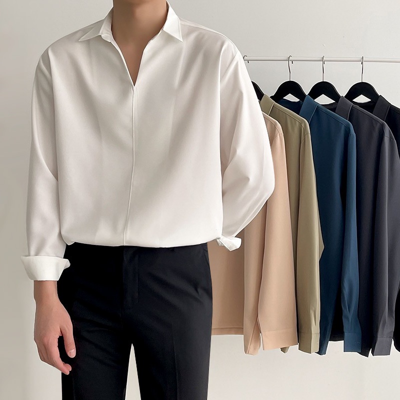 เสื้อเชิ้ตผู้ชายคอวีเกาหลีหลวมแบบไม่มีปุ่มสีดําและสีขาว วินินโน สเอ็มวี ผ้าไหมต่อต้านริ้วรอยแขนยาวเสื้อกั๊กเสื้อคอปก