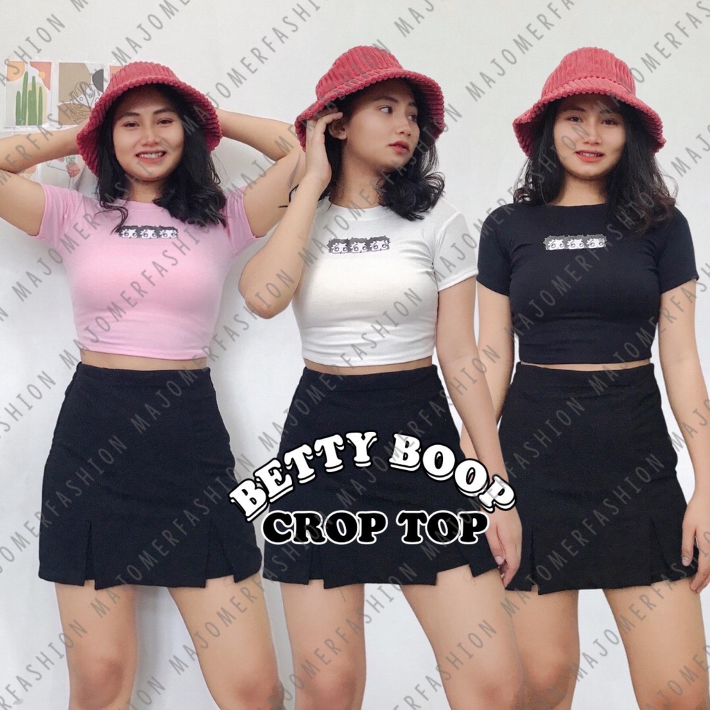 คุณผู้หญิง ® | Betty BOOP CROP TOP - เสื้อยืดลําลอง ผ้าถัก แขนสั้น พิมพ์ลาย KNIT RIB CROP น่ารัก สําหรับสตรี