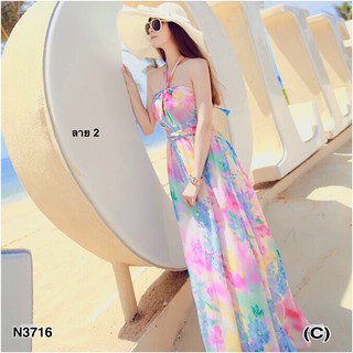 Maxi Dress แม็กซี่เดรสสายคล้องคอ อกเสริมฟองน้ำ ผ้าไหมอย่างดี พิมพ์ลายดอกไม้กราฟฟิกสวยๆ