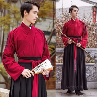 ผู้ชาย Hanfu S-XL สไตล์จีน สมัยโบราณ การแต่งกายแบบดั้งเดิม เครื่องแต่งกาย เสื้อ + กระโปรง เสื้อผ้าจีนฮั่น 汉服