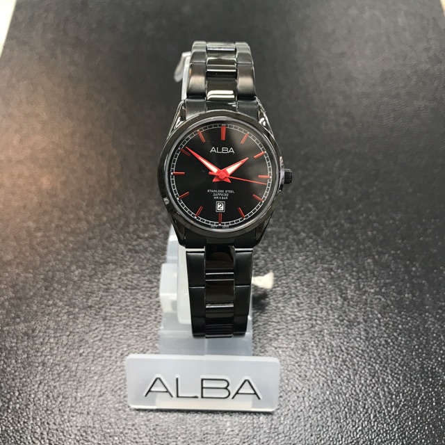 นาฬิกาผู้หญิง ALBA รุ่น VJ22-X155S สาย Stainless Steel สีดำเงาสลับดำด้าน หน้าปัดดำ ขีดแดง