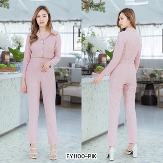 (S-2XL) เซ็ต2ชิ้น เสื้อสูทครอป+กางเกงขายาวลูกไม้ สีชมพู IFY1100