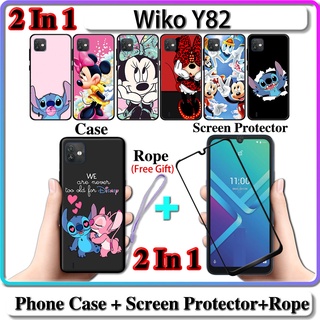 2 IN 1 เคส Wiko Y82 พร้อมกระจกนิรภัยกันรอยหน้าจอโค้ง เซรามิค ดีไซน์สติตช์ และมินนี่