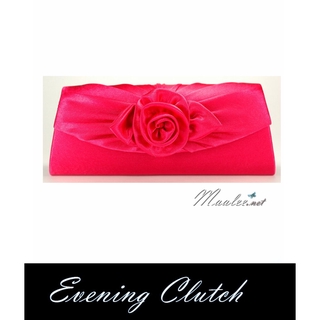 พร้อมส่ง Evening Clutch กระเป๋าออกงาน สีชมพูเข้ม ประดับดอกไม้ผ้าซาติน มาพร้อมสายสะพาย