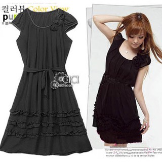 เดรสแฟชั่นผ้าชีฟอง แต่งดอกไม้ และแนวระบายกระโปรงชุด (สีดำ) dress e209 ชุดแฟชั่นผู้หญิง