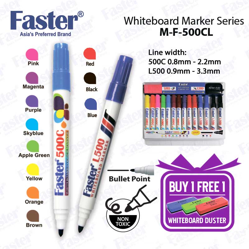 Faster MF-500CL ปากกามาร์กเกอร์ไวท์บอร์ด 0.9 มม.-3.3 มม. [ซื้อ 1 ฟรี 1 DUSTER] (14 ชิ้น)