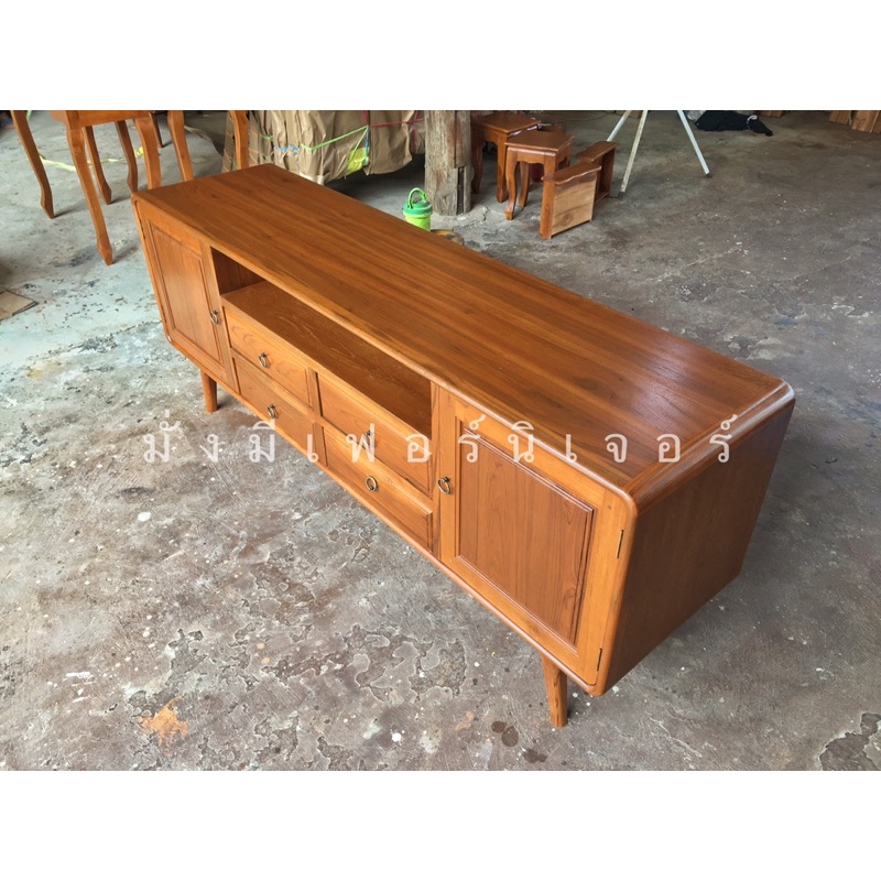 ตู้วางทีวีโมเดิร์นทรงแคปซูลไม้สัก ยาว2เมตร ลิ้นชักกลาง (ส่งฟรียกเว้นภาคใต้)