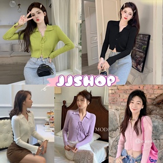 JJ shop 💜พร้อมส่ง เสื้อแขนยาวไหมพรม คอปกผ้าร่องดีเทลเชือกรูดปรับสายตามใจชอบ "1678" -N