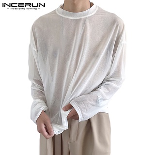 Incerun เสื้อคอกลมแขนยาวผ้าตาข่ายกันแดดทรงหลวมมี 4 สีสําหรับผู้ชาย