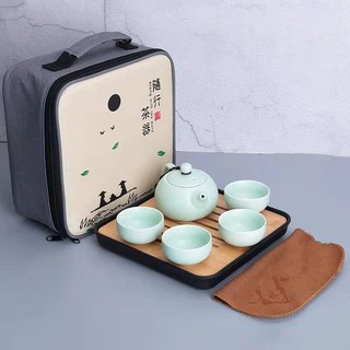 ชุดน้ำชา แบบพกพา กาชงชาเซรามิค มีแก้ว 4ใบ ถาดรอง พร้อมกระเป๋า DH-001มี3สี
