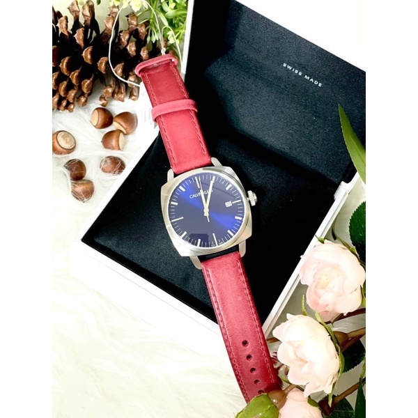(ผ่อน0%) นาฬิกา ❣️Calvin Klein❣️ ❣️Men Watches  k9n111zn ❣️ขนาด 40 mm สายหนังสีแดงวินเทจ