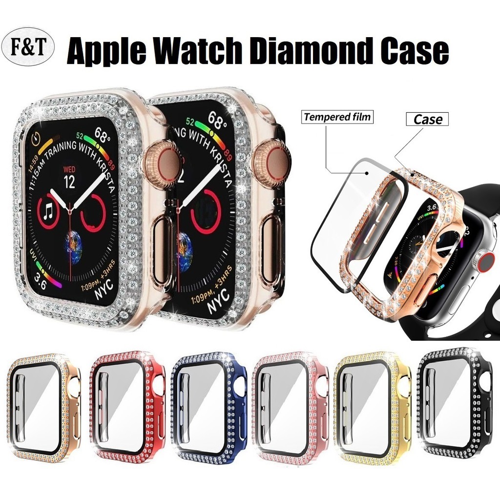 For Apple Watch Case Bling Diamonds full cover PC case + tempered glass 41mm 45mm 44mm 38mm 40mm 42mm series 7 6 5 4 3 2 1  Apple Watch SE Plastic frame screen protector for apple watch series 7