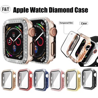 For Apple Watch Case Bling Diamonds full cover PC case + tempered glass 41mm 45mm 44mm 38mm 40mm 42mm series 7 6 5 4 3 2 1  Apple Watch SE Plastic frame screen protector for apple watch series 7