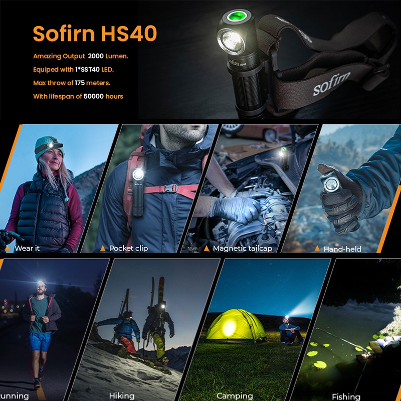 Sofirn HS40 ไฟหน้า LED 2000 ลูเมนส์ Type-C สว่างมาก ชาร์จได้ กันน้ํา SST40 สําหรับกลางแจ้ง — صورة 7