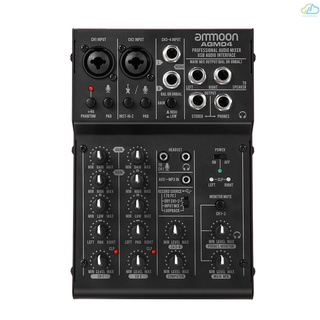 Au ammoon เครื่องผสมเสียงดิจิทัล 4 ช่อง 2-band EQ ในตัว 48V Phantom Power 5V USB สําหรับบ้าน สตูดิโอ บันทึกเครือข่าย DJ ถ่ายทอดสด คาราโอเกะ AGM04