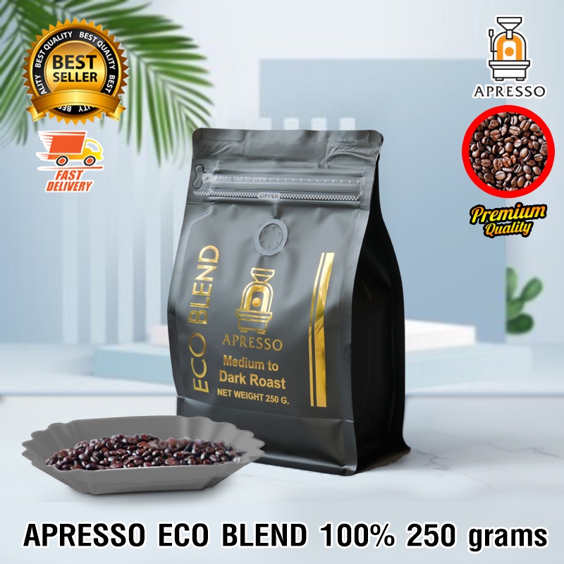 Apresso Premium Eco Blend Coffee เมล็ดกาแฟ อีโค่เบลนด์ เกรดพรีเมี่ยม กาแฟ คั่วกลางเข้ม 250 กรัม