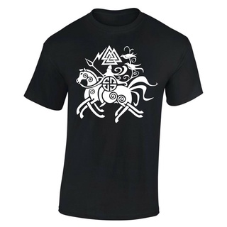 เสื้อยืดลําลอง แขนสั้น พิมพ์ลาย Odins Horse Norse Mythology Viking Pagan ใส่สบาย เหมาะกับของขวัญวันเกิด สําหรับผู้ชายSiz