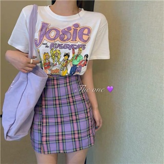 Josie scott set  🇰🇷 ชุดเซ็ท 2 ชิ้น เสื้อยืดสีขาวสกีนลาย josie มาพร้อมกระโปรงลายสก็อต