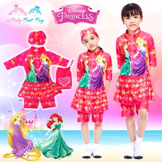 ชุดว่ายน้ำเด็กผู้หญิง Disney Princess สีแดง บอดี้สูทเสื้อแขนสั้นกระโปรงกาง พร้อมหมวกว่ายน้ำและถุงผ้า ลิขสิทธิ์แท้