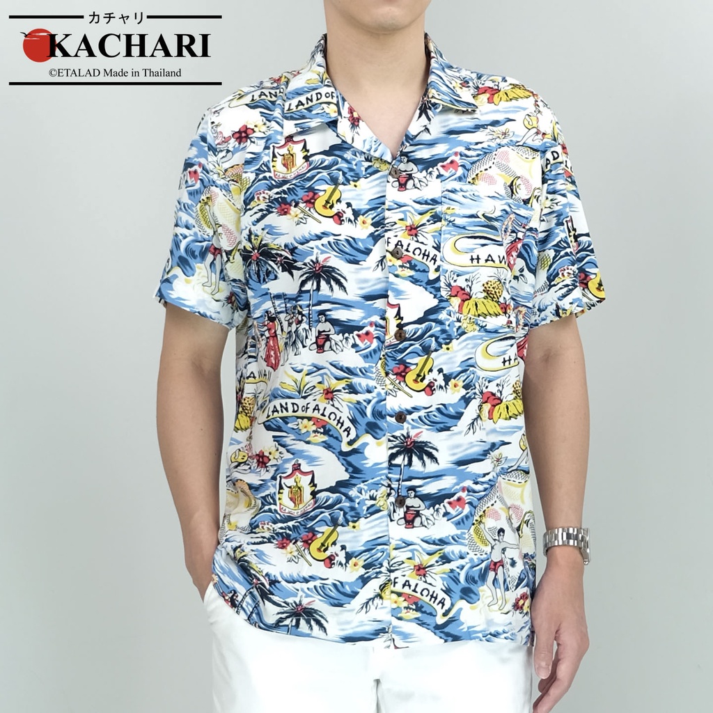 KACHARI  "Land Of Aloha" (สีขาว) พร้อมส่งฟรี เสื้อฮาวาย เสื้อสงกรานต์ ผ้าเรยอน