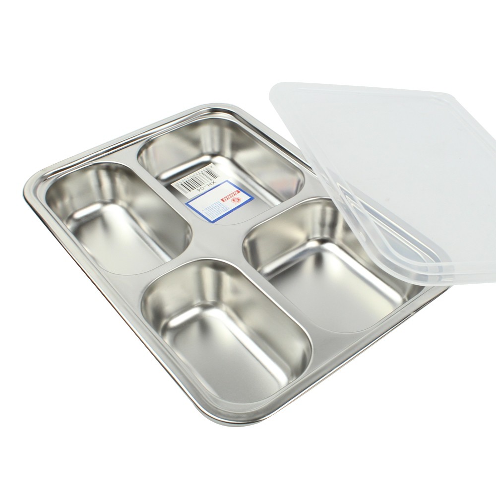 Telecorsa ถาดใส่อาหาร ถาดหลุม มีฝาปิด ขนาดเล็ก รุ่น Stainless-Steel-Small-Food-tray-4holes-with-Plastic-Cover-00h-June-B