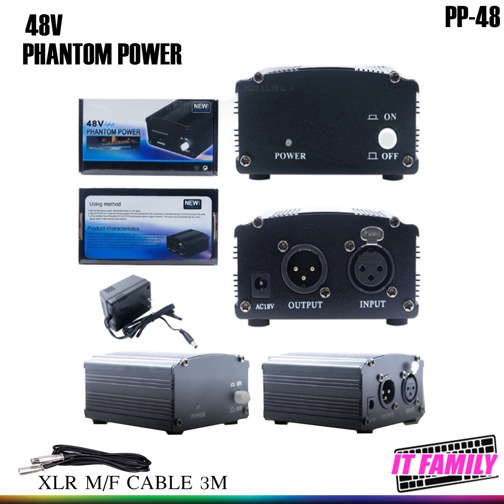 แหล่งจ่ายไฟ 48v Phantom Power อะแดปเตอร์ไมโครโฟนบันทึกเสียง พร้อมสาย
