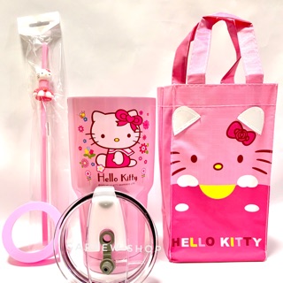 แก้วเก็บอุณหภูมิ ร้อน-เย็น แก้วเยติลาย Kitty คิตตี้-ดอกไม้ สีชมพู ฟรี!!.ถุงใส่แก้ว พร้อมหลอดคิตตี้ และยางรองแก้ว (คละสี)