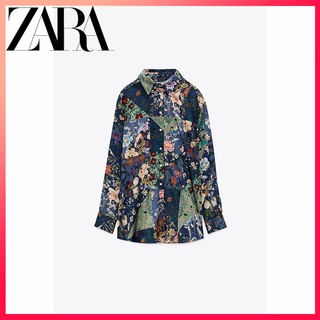 Zara ใหม่ เสื้อเชิ้ตแขนยาว ผ้าไหมซาติน พิมพ์ลาย สําหรับผู้หญิง