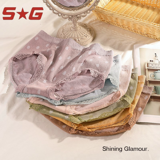 แพ็ค 10 ตัวคละสี Shining glamour 916# กางเกงในผ้าทอ ลายวงกรมเล็กๆ ดีเทลขาลูกไม้ สีน่ารัก