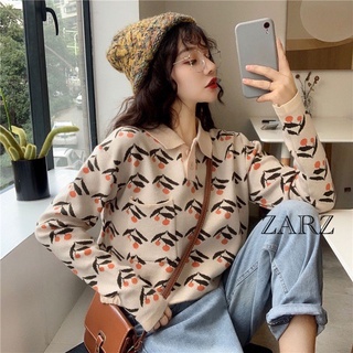 ZARZ.SHOP🍑พร้อมส่ง*เสื้อยืดคอปกไหมพรมลายเชอรี่น่ารัก 11019-1