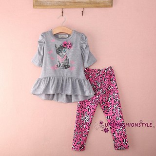 2Pcs Toddler Baby Girl Clothes Set Half Sleeve Ruffled Cat Print Top Dress + Leopard Print Trousers