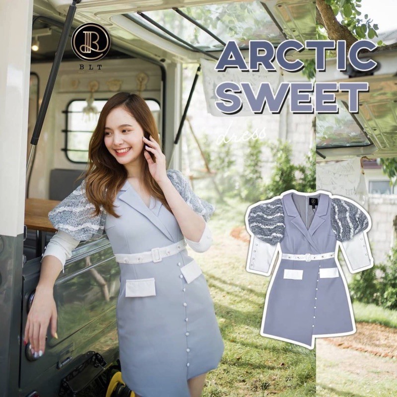 🩵BLT Brand เดรสสีฟ้าวันแม่ คอปก แขนสวยน่ารัก แต่งเข็มขัดขาว มีฟองน้ำอก ซับในทั้งชุด 📌ป้าย BLT แบรนด์