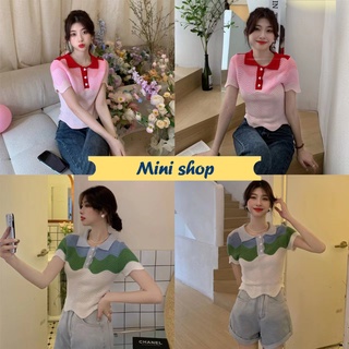 Mini shop🌸พร้อมส่ง🌸(C571) เสื้อไหมพรมแขนสั้นคอปก ดีเทลถักเป็นคลื่นน่ารักมาก