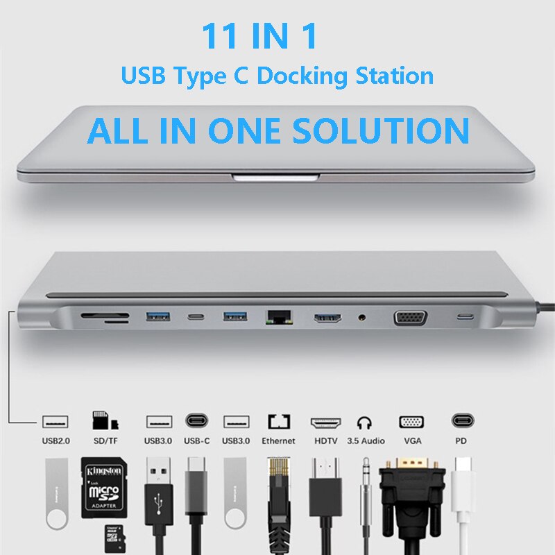 11 in 1 USB Type C Hub Adapter Laptop Docking Station HDMI VGA RJ45 PD