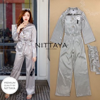 NITTAYA: set เสื้อคอปกแขนยาวลายทาง+กางเกงขายาว+สายคาดผม