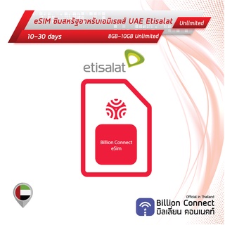 eSIM UAE Sim Card Unlimited 8GB-10GB Etisalat: ซิมสหรัฐอาหรับเอมิเรตส์ 10-30 วัน by ซิมต่างประเทศ Billion Connect