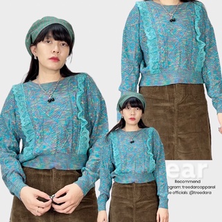 เสื้อไหมพรม knit ต่อลูกไม้ ผ้าทอลายสีสวย korea style code:2800 ฟ้า