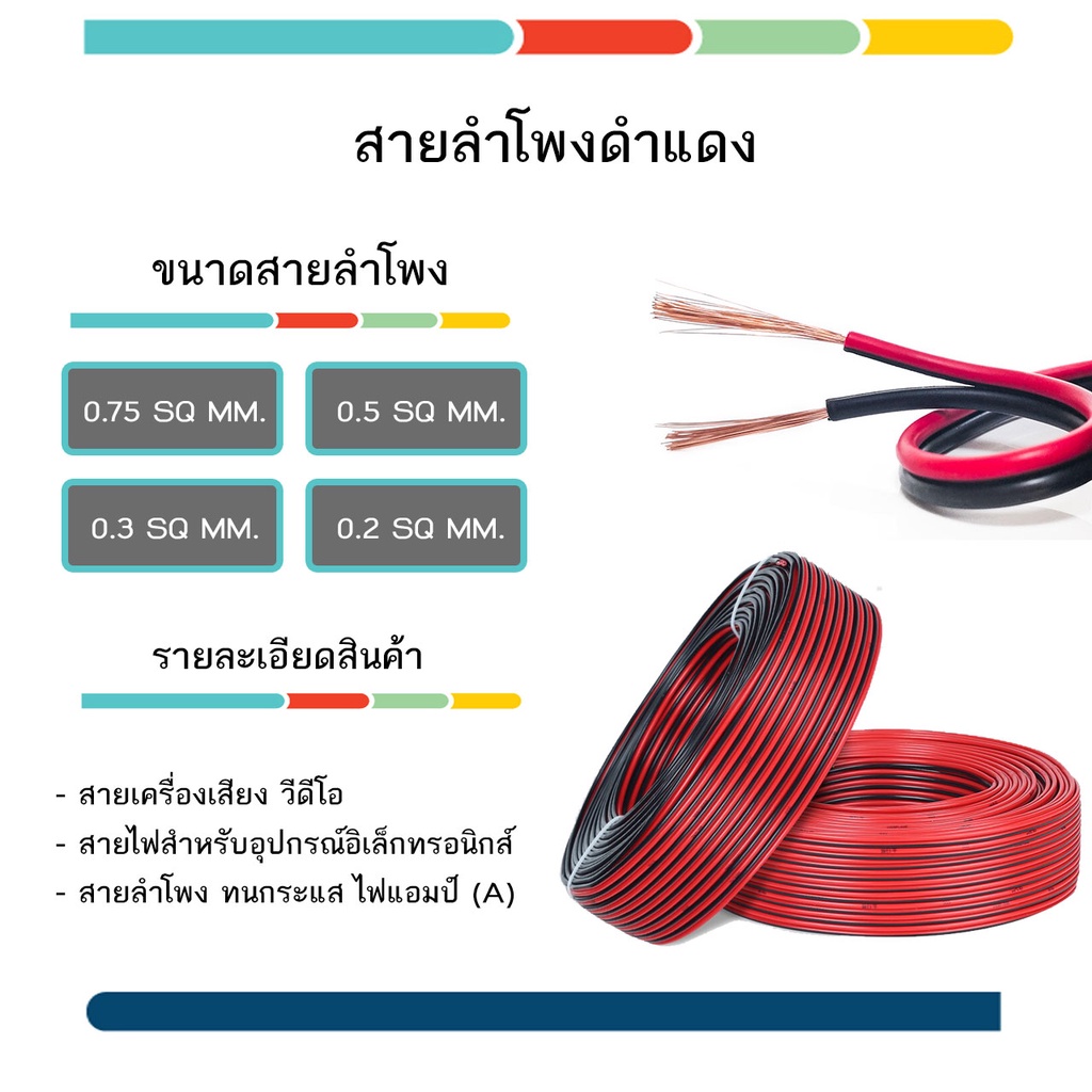 พร้อมส่ง สายไฟดำแดง 0.75 - 0.5 sq.mm. 2 - 5 เมตร สายไฟลำโพง - สายไฟรถยนต์ -  สายไฟเอนกประสงค์