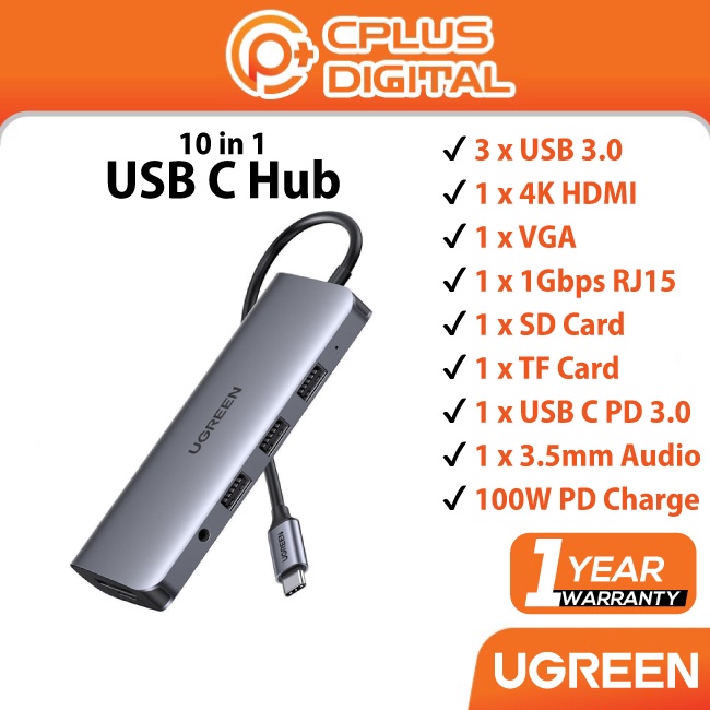 UGreen 10-in-1 USB C Hub USB 3.0 4K HDMI VGA 1Gbps RJ15 TF SD Card USB C 3.0 3.5 มม.100W PD Charge U
