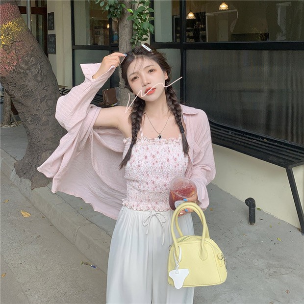 Cicishop(960)New เซต2ชิ้น เสื้อเชิ้ตแขนยาวสีพื้น + สายเดี่ยวสม็อคแต่ลายดอกไม้ งานแซ่บ 🔥