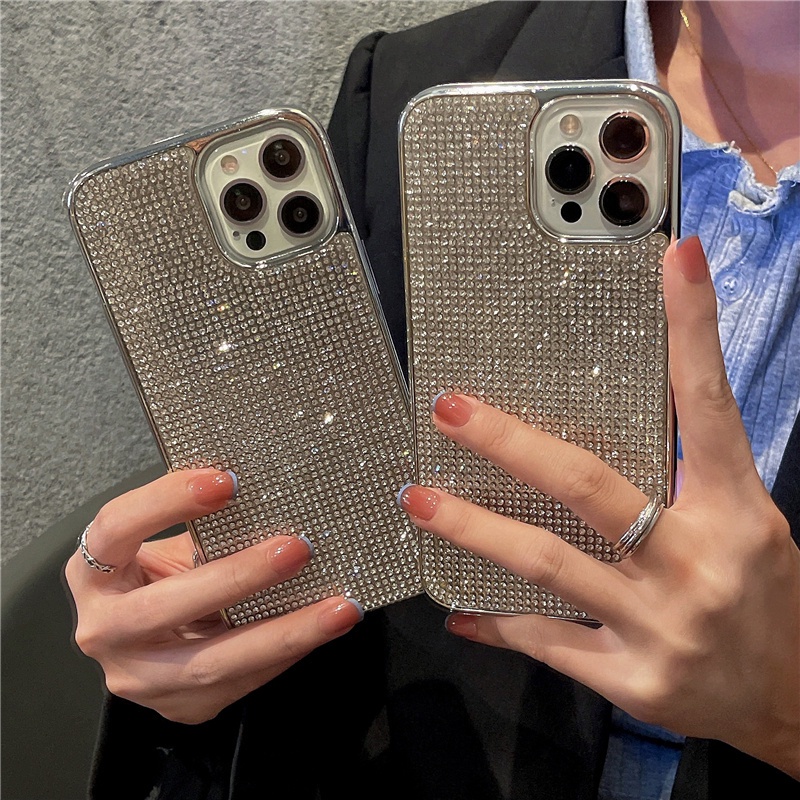 หรูหราเงินชุบกรอบกรณีBling Rhinestoneเพชรคริสตัลฝาครอบโทรศัพท์สําหรับiPhone 17 16 15 14 13 12 11 Pro Max X XS XRผู้หญิงแฟชั่น