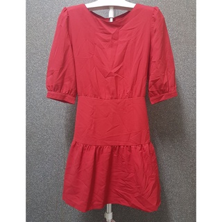 ชุดกระโปรง เดรส dress สีแดงสด ผูกโบว์ ผ่าหลัง แขนสามส่วน มีซีบใน
