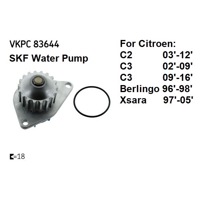 ปั๊มน้ํา SKF VKPC 83644 Citroen Xsara Citroen Berlingo Citroen C2 Citroen C3 Tooted Belt Aquamax 120