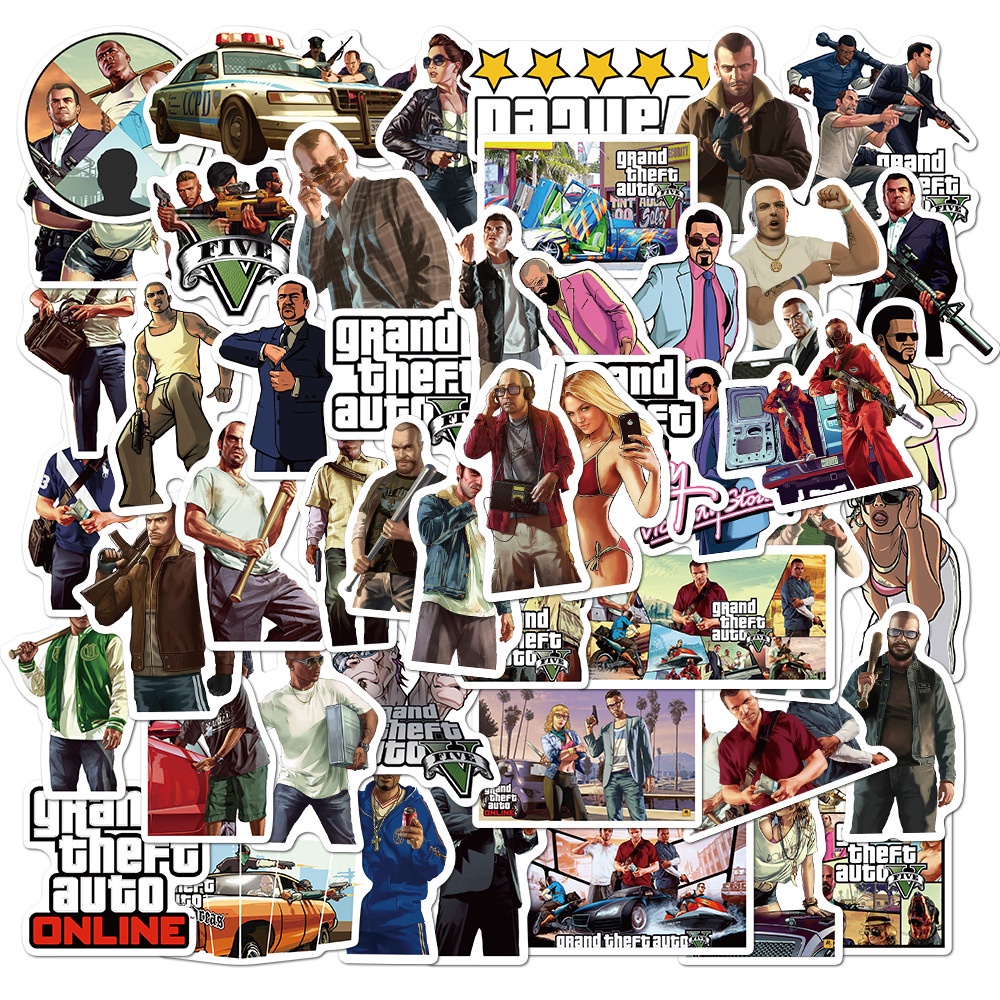 50PCS GTA Grand Theft Auto Stickers for Water Bottle Cup Laptop Guitar Car Motorcycle Bike Skateboard Luggage Box Vinyl Waterproof Graffiti Patches